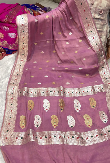 100% Authentic & Luxurious Pure Banarasi Khaddi Chiffon Tissue Saree Purple pink Drape Colour
