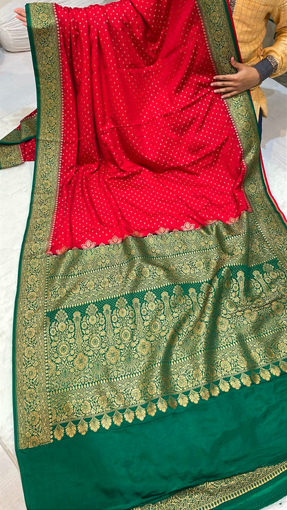 Pure Banarasi Khaddi Crape Silk Handloom Saree with Traditional Corners Red With Green Color