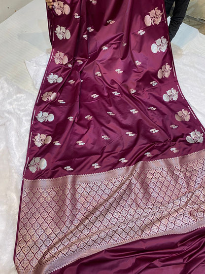 Mashru Silk Saree Burnt Maroon Color With Flower Buta Border Sona Rupa Zari MSW33