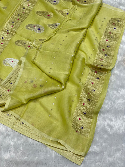 100% Authentic Pure Banarasi Khaddi Chiffon Tissue Saree Lime Green Colour