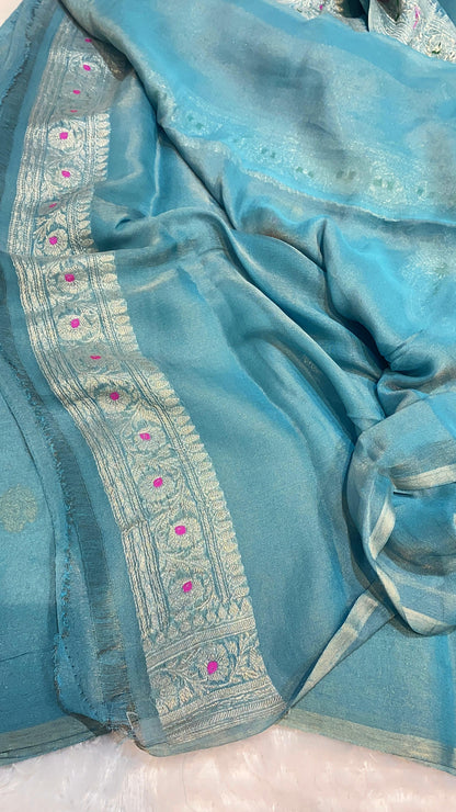 100% Authentic & Luxurious Pure Banarasi Khaddi Chiffon Tissue Saree Powder Blue/Firozi Colour