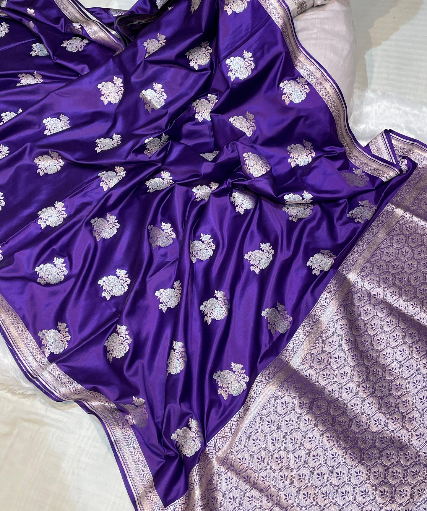 Mashru Silk Saree Monque Voilet Color With Floral Border Sona Rupa Zari Mina Buta MSW32
