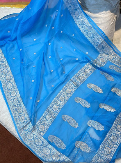 100% Pure Banarasi Khaddi Chiffon Silver Zari Kadwa Buti Handloom Saree Firozi Blue Color