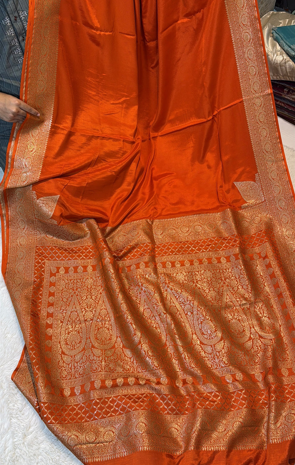 Pure Banarasi Khaddi Crape Silk Handloom Saree with Traditional Corners Rust Orange Color
