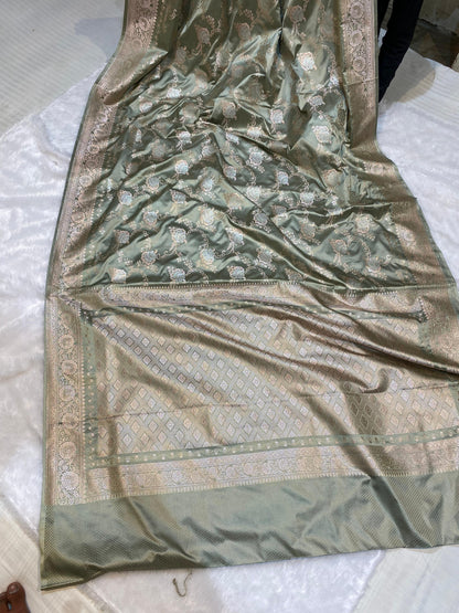 Mashru Silk Saree Ash Grey Color With Floral Border Sona Rupa Zari Mina Jaal Pattern MSW40