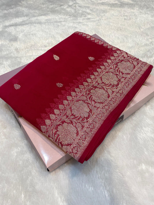 100% Pure Banarasi Khaddi Chiffon Silver Zari Kadwa Buti Handloom Saree Burgundy Colour
