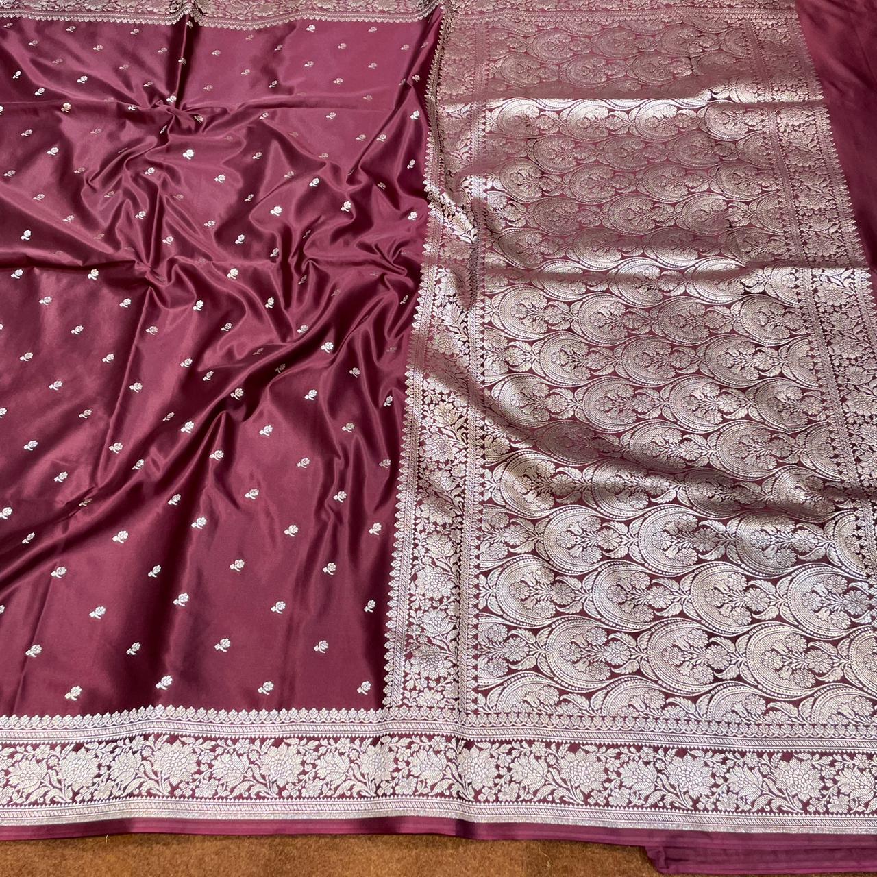 Mashru Silk Saree Deep Wine Color With Floral Border All Over Floral Booti MSW-103