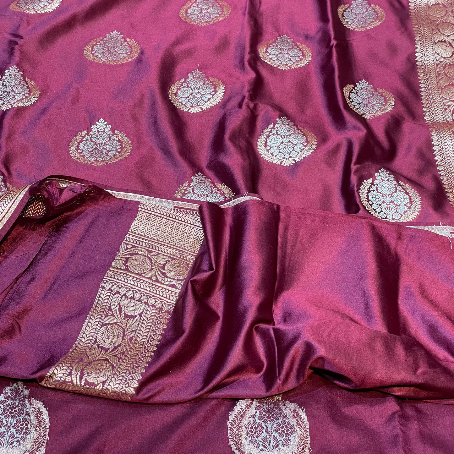Mashru Silk Banarasi Saree Allover Water Gold Zari Weaving