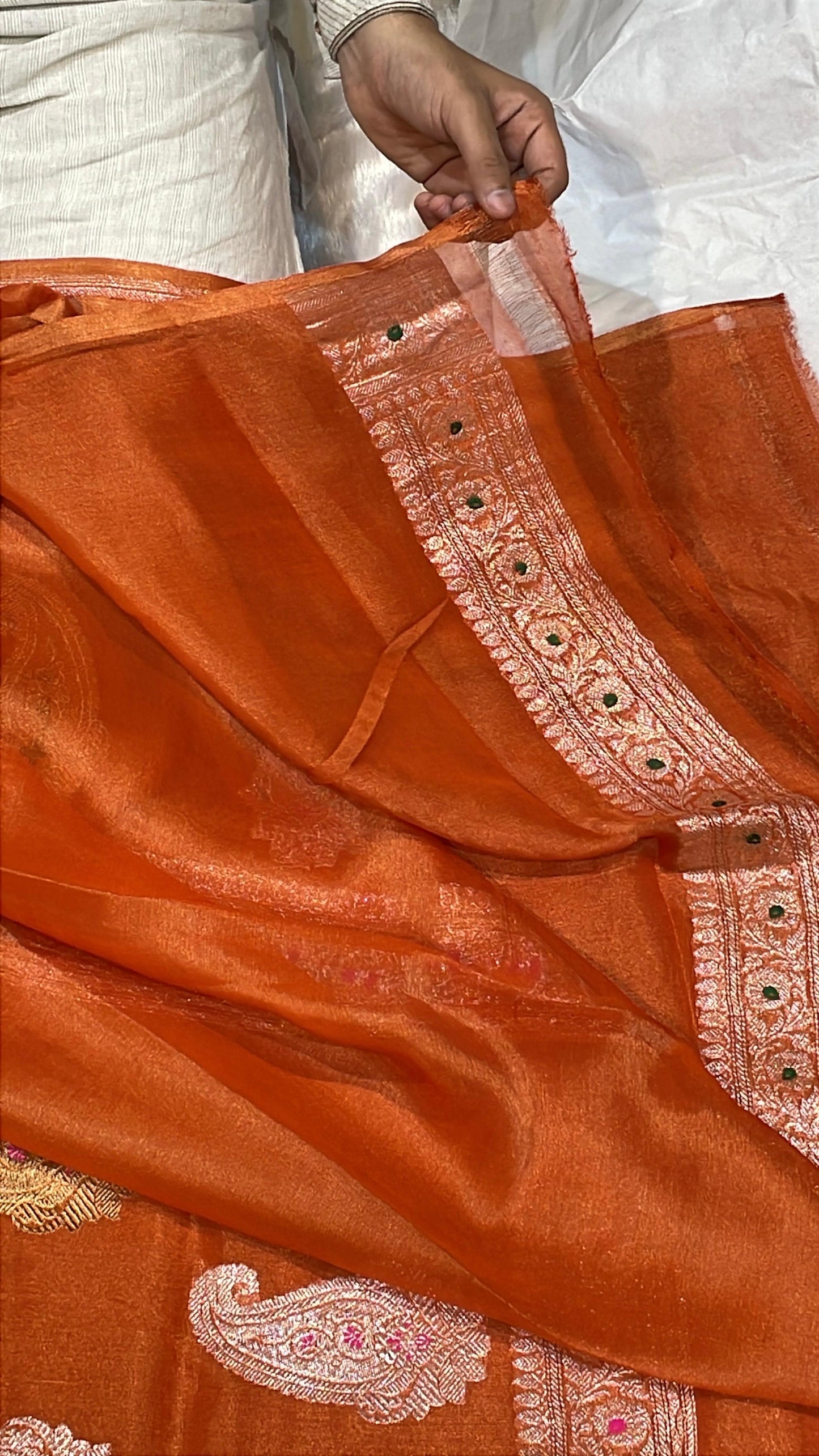 100% Authentic & Luxurious Pure Banarasi Khaddi Chiffon Tissue Saree Rust Orange Colour
