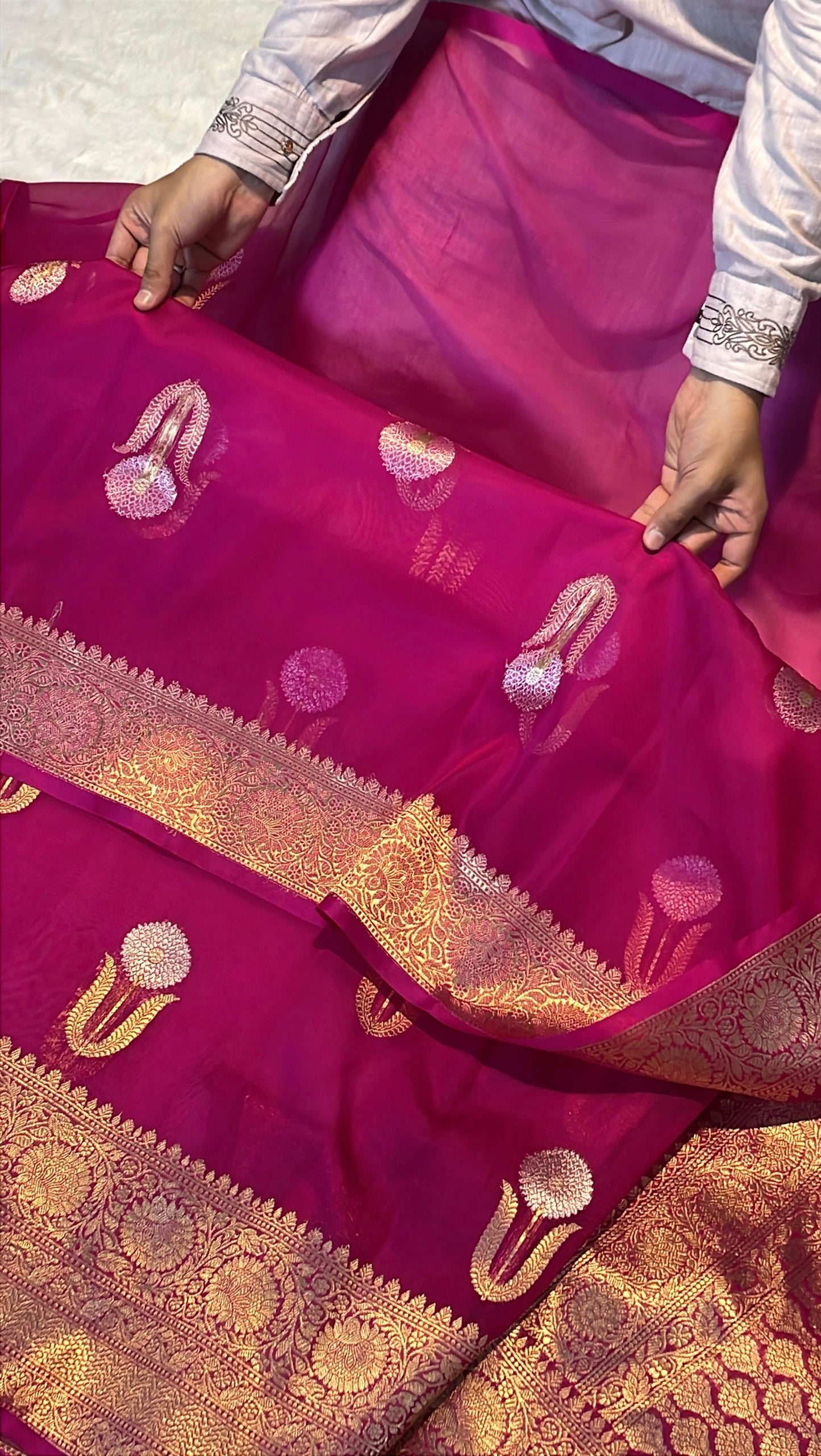 Rani Pink Pure Kora Organza Banarasi Kadhwa Handloom Saree's