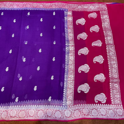 100% Pure Banarasi Khaddi Chiffon Silver Zari Kadwa Buti Handloom Saree Purple and Rani Pink Colour