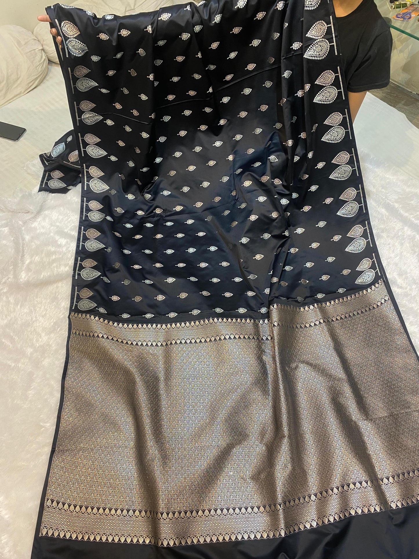 Mashru Silk Saree Black Noir Color With Buta Border Sona Rupa Zari MSW48