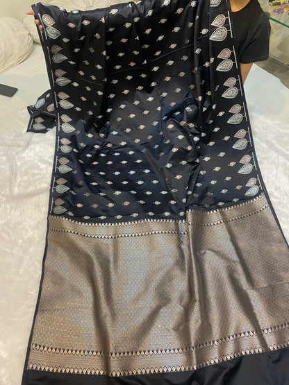 Mashru Silk Saree Black Noir Color With Buta Border Sona Rupa Zari MSW48