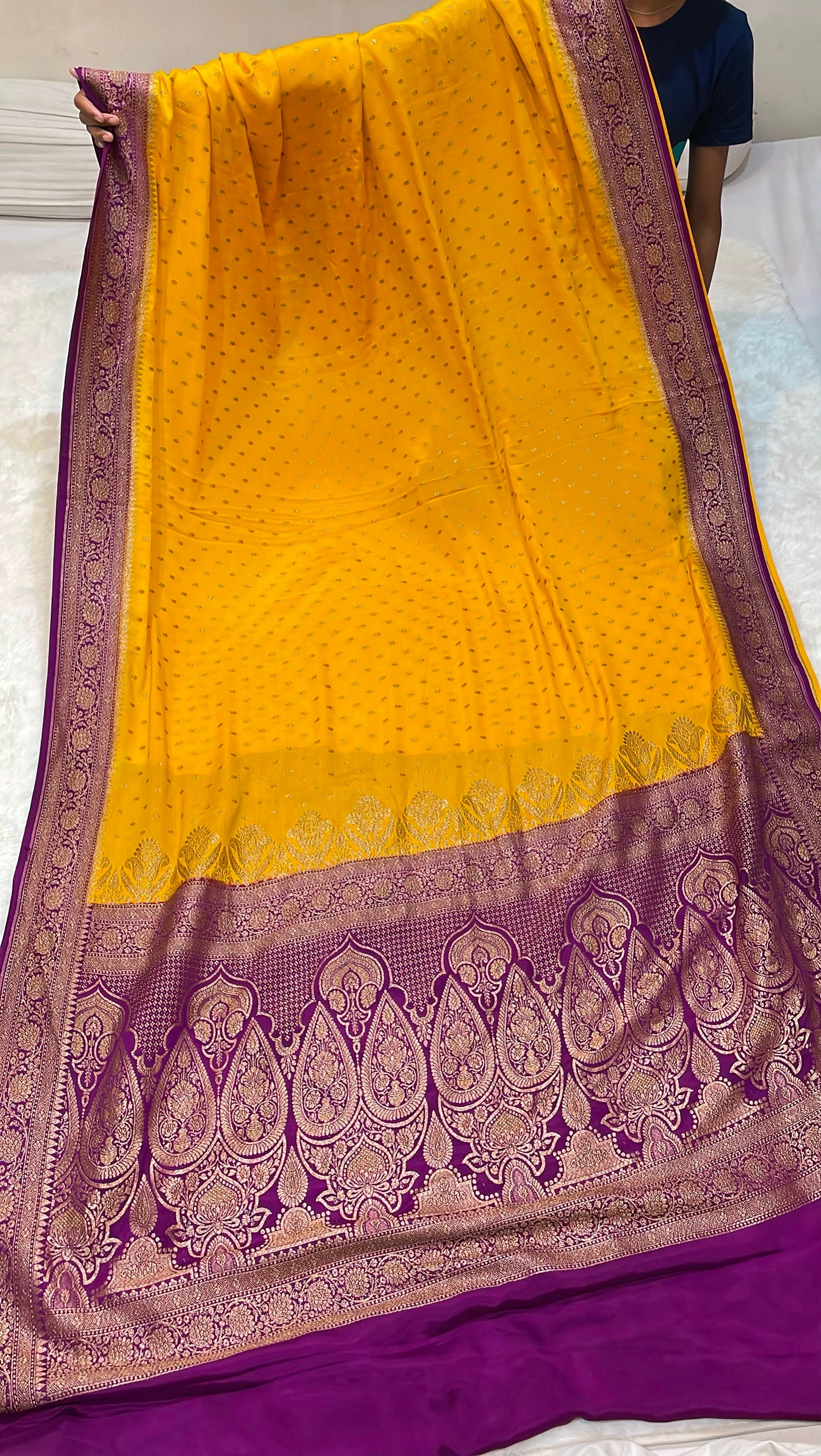 Pure Banarasi Khaddi Crape Silk Handloom Saree with Traditional Corners Yellow With Purple Color