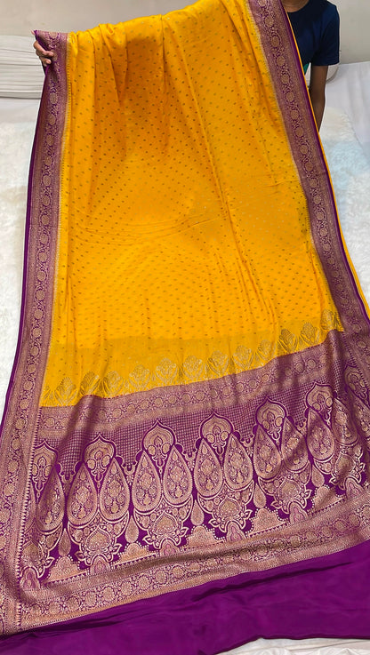 Pure Banarasi Khaddi Crape Silk Handloom Saree with Traditional Corners Yellow With Purple Color