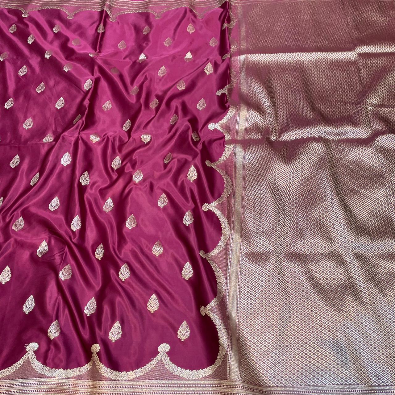 Mashru Silk Saree Wine Color with Scallop Border All Over Boota MSW-06