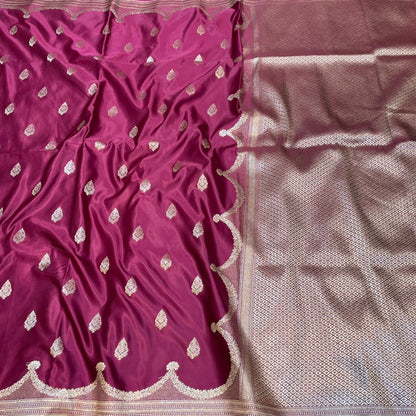 Mashru Silk Saree Wine Color with Scallop Border All Over Boota MSW-06