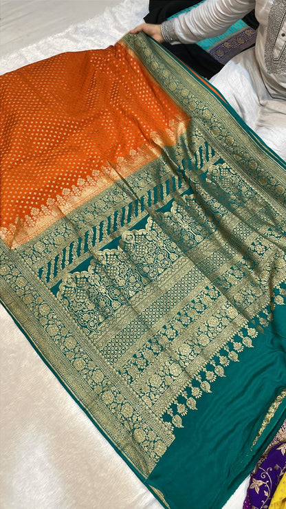 Pure Banarasi Khaddi Crape Silk Handloom Saree with Traditional Corners Orange With Green