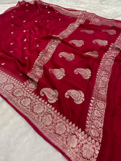 100% Pure Banarasi Khaddi Chiffon Silver Zari Kadwa Buti Handloom Saree Burgundy Colour