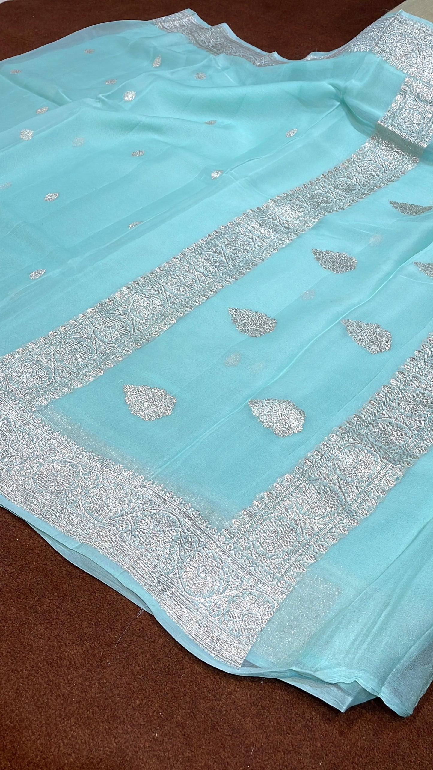 100% Pure Banarasi Khaddi Chiffon Silver Zari Kadwa Buti Handloom Saree Water Blue/Firozi Colour