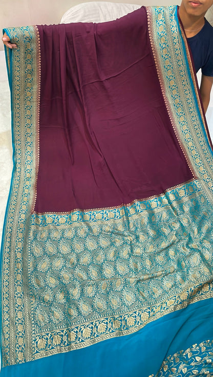 Pure Banarasi Khaddi Crape Silk Handloom Saree with Traditional Corners Wine with Firozi color