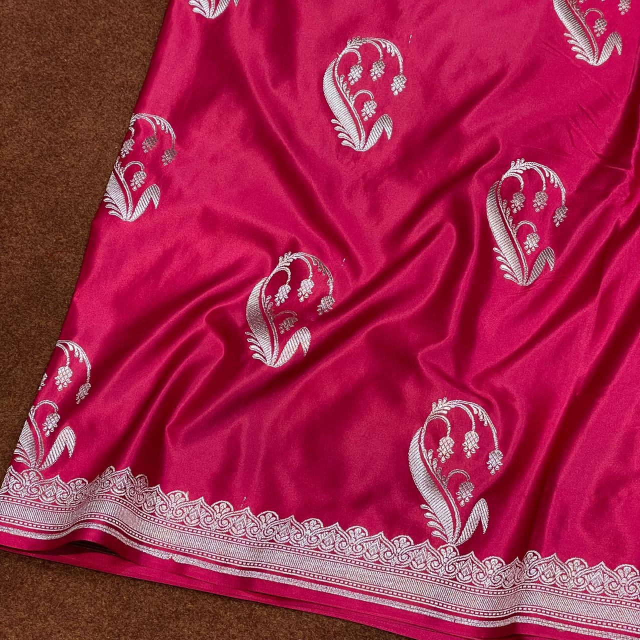 Mashru Silk Saree Cherry Red Color with Short Border Delicate Paisley/Mango Boota MSW-10