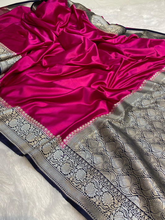 Mashru Silk Saree Rani with Navy Blue Color With Floral Border MSW37