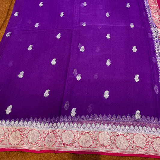 100% Pure Banarasi Khaddi Chiffon Silver Zari Kadwa Buti Handloom Saree Purple and Rani Pink Colour