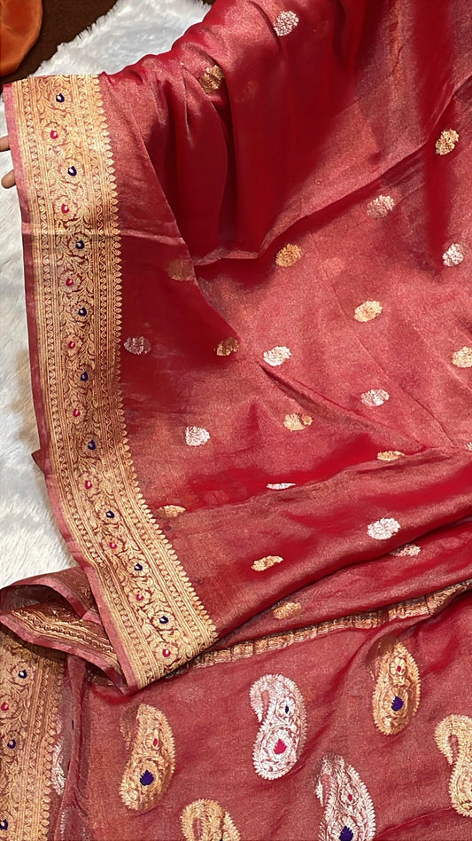 100% Authentic Pure Banarasi Khaddi Chiffon Tissue Saree Pure Red Colour With Golden Zari Border's