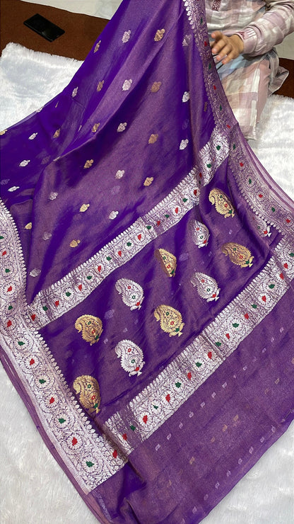 100% Authentic Pure Banarasi Khaddi Chiffon Tissue Saree Purple Violet Color