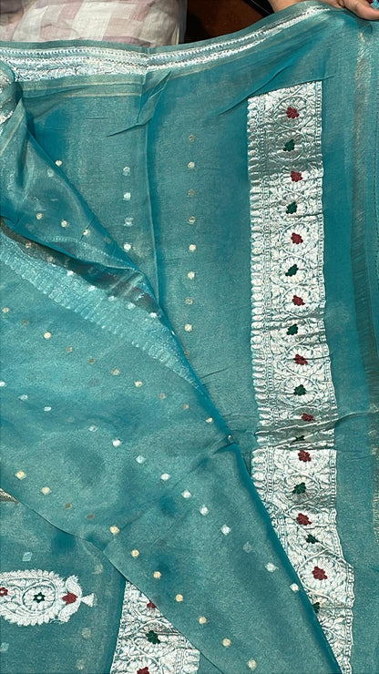 100% Authentic & Luxurious Pure Banarasi Khaddi Chiffon Tissue Saree Emerald Aqua Grace Colour