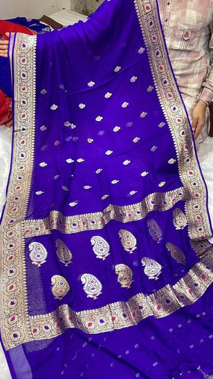 100% Authentic & Luxurious Pure Banarasi Khaddi Chiffon Georgette Saree Royal Violet Blue Colour