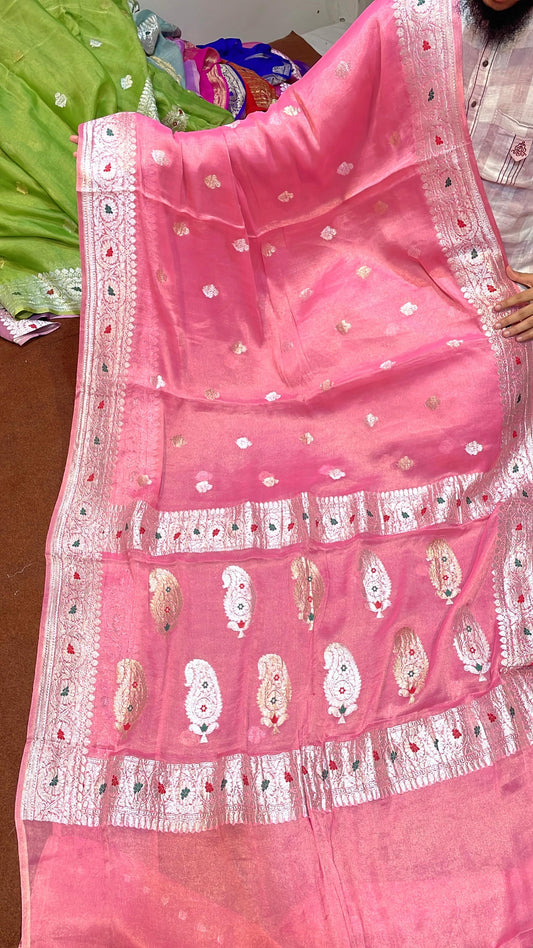 100% Authentic & Luxurious Pure Banarasi Khaddi Chiffon Tissue Saree Enchanting Rose Pink Colour