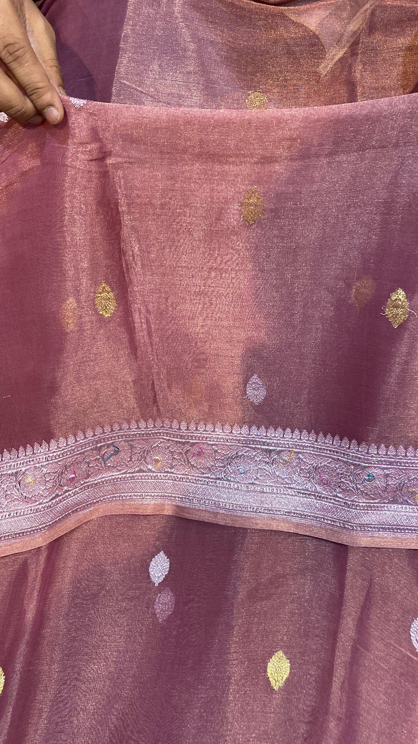 100% Authentic & Luxurious Pure Banarasi Khaddi Chiffon Tissue Saree Rust Colour