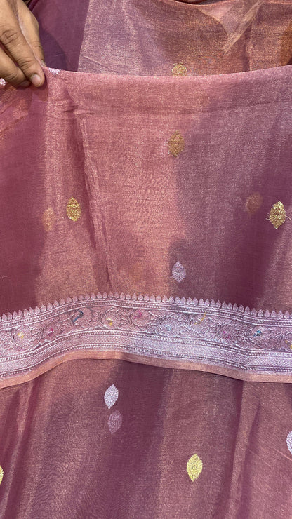 100% Authentic & Luxurious Pure Banarasi Khaddi Chiffon Tissue Saree Rust Colour