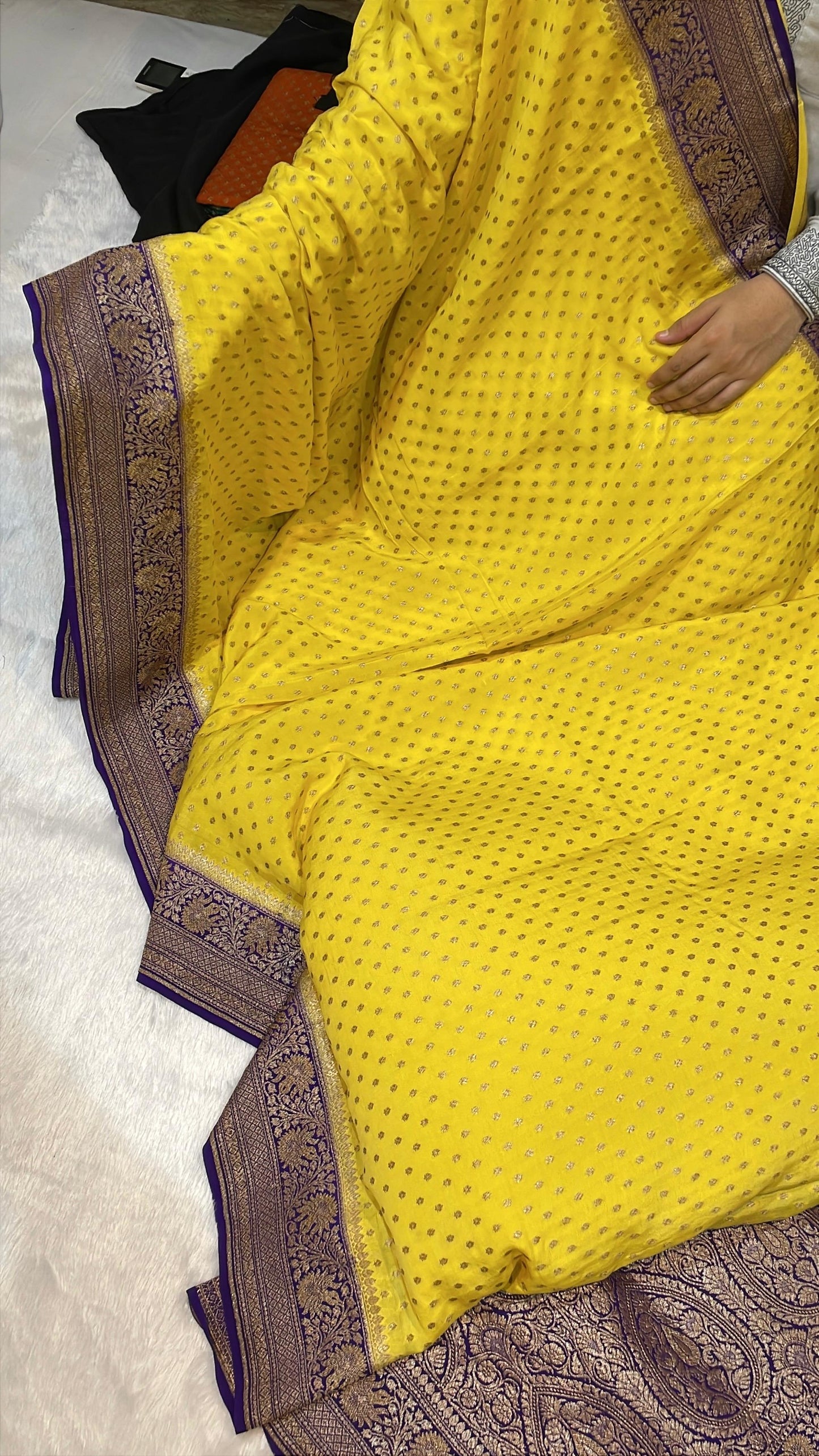 Pure Banarasi Khaddi Crape Silk Handloom Saree with Traditional Corners Mango Yellow with Purple Color