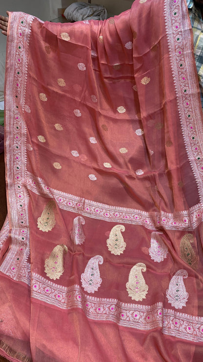 100% Authentic & Luxurious Pure Banarasi Khaddi Chiffon Tissue Saree Gazri Color