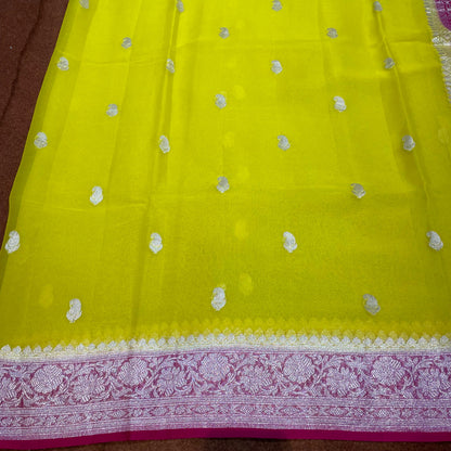 100% Pure Banarasi Khaddi Chiffon Silver Zari Kadwa Buti Handloom Saree Lemon and Strawberry Rani Pink Colour
