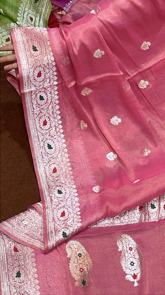 100% Authentic & Luxurious Pure Banarasi Khaddi Chiffon Tissue Saree Enchanting Rose Pink Colour