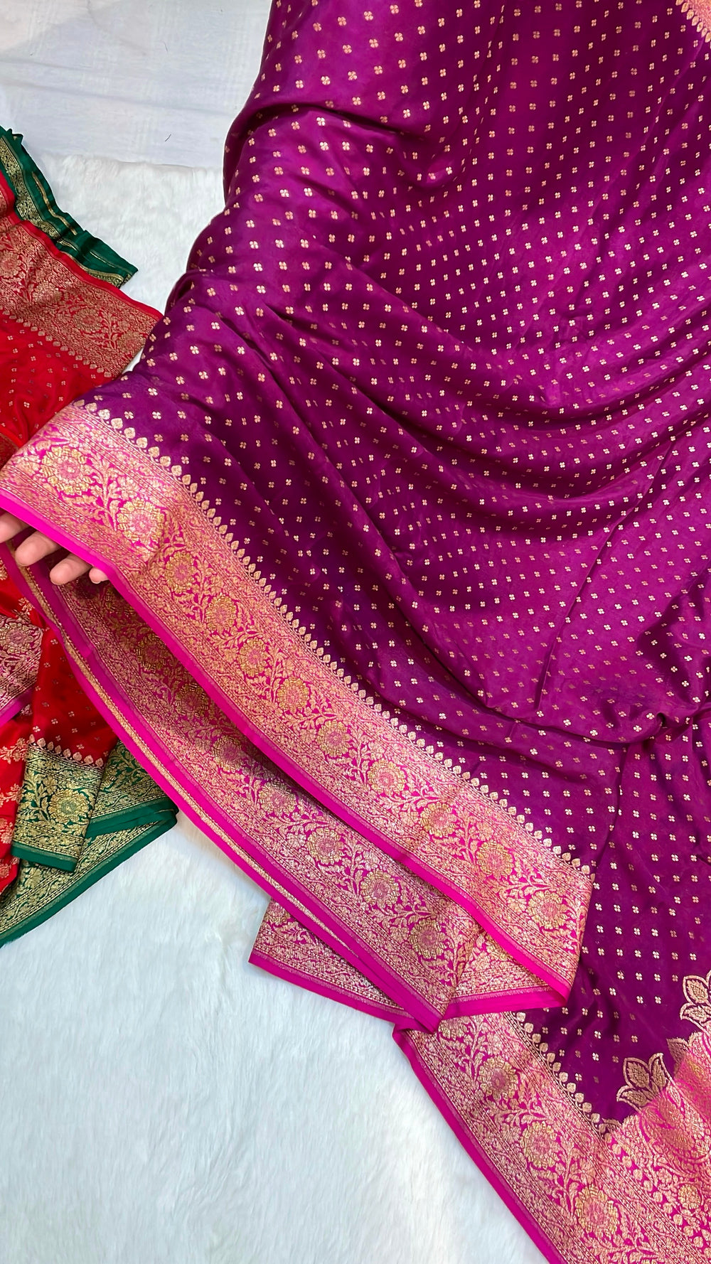 Pure Banarasi Khaddi Crape Silk Handloom Saree with Traditional Corners Purple With Rani Color