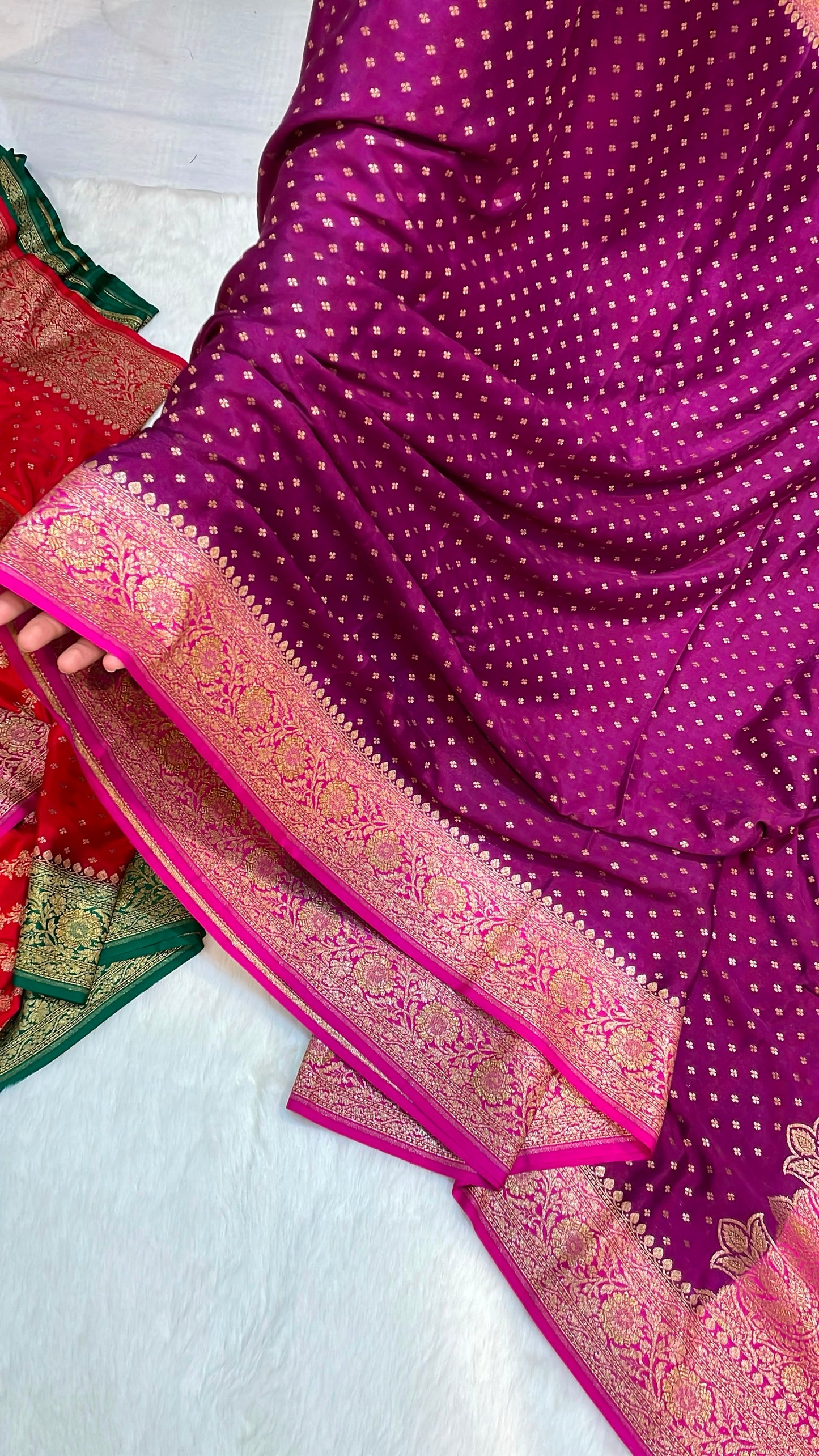 Pure Banarasi Khaddi Crape Silk Handloom Saree with Traditional Corners Purple With Rani Color