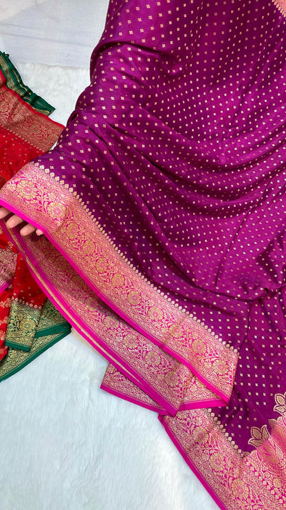 Pure Banarasi Khaddi Crape Silk Handloom Saree with Traditional Corners Purple With Rani Color