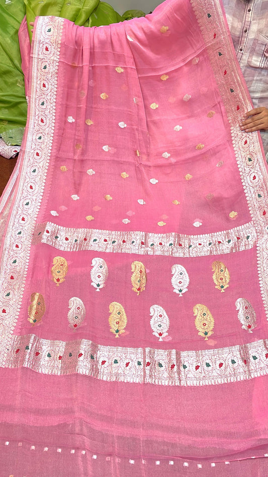 100% Authentic & Luxurious Pure Banarasi Khaddi Chiffon Tissue Saree Gazri Pink Colour