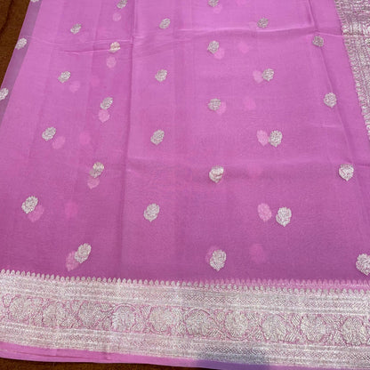 100% Pure Banarasi Khaddi Chiffon Silver Zari Kadwa Buti Handloom Saree Hot pink Colour