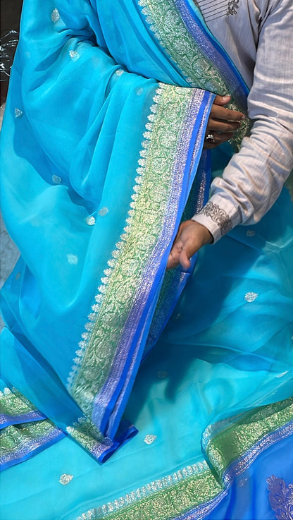100% 3D Shades Pure Banarasi Khaddi Chiffon Silver Zari Kadwa Buti Handloom Saree