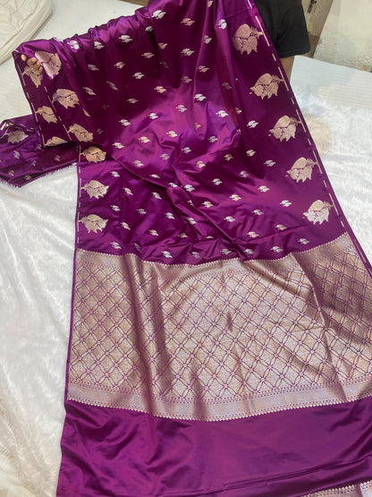 Mashru Silk Saree Rani Pink Color With Flower Buta Border Sona Rupa Zari MSW51