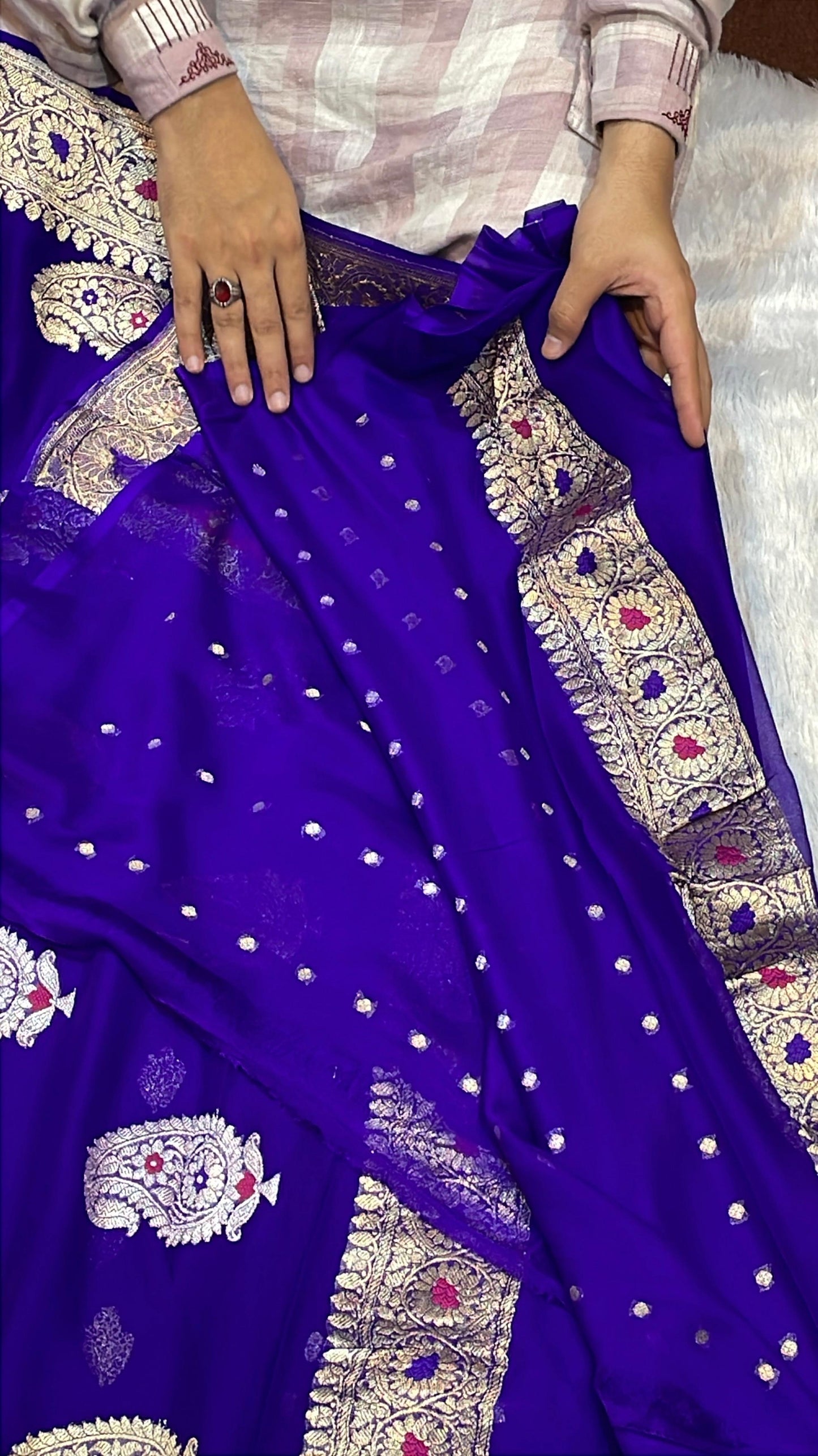 100% Authentic & Luxurious Pure Banarasi Khaddi Chiffon Georgette Saree Royal Violet Blue Colour