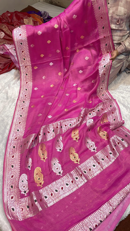 100% Authentic & Luxurious Pure Banarasi Khaddi Chiffon Tissue Saree Noor Rani Royale Pink Colour