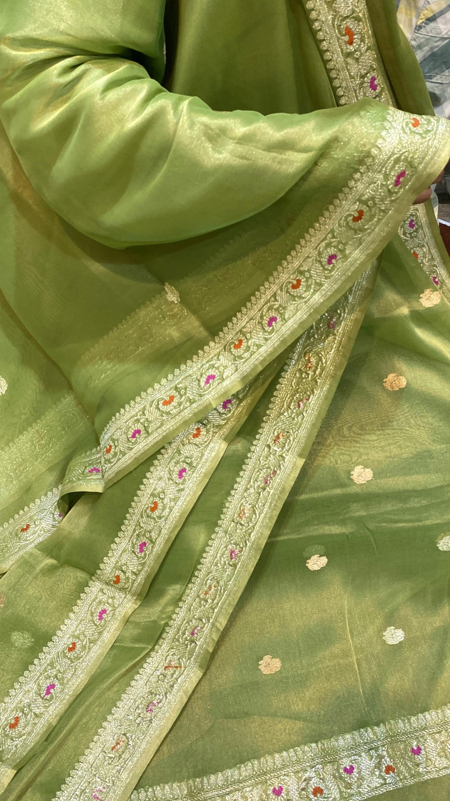 100% Authentic & Luxurious Pure Banarasi Khaddi Chiffon Tissue Saree Pista Green Shade