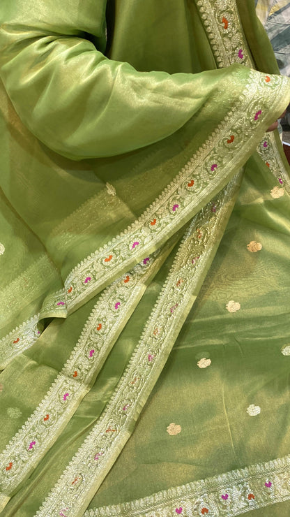 100% Authentic & Luxurious Pure Banarasi Khaddi Chiffon Tissue Saree Pista Green Shade